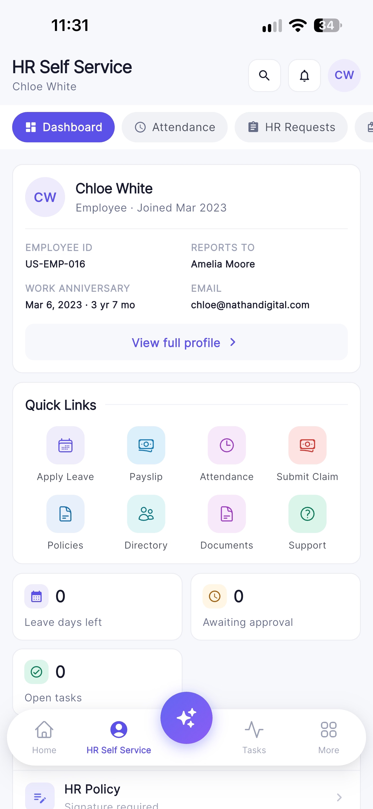 Nathan HRMS self-service dashboard in the mobile app